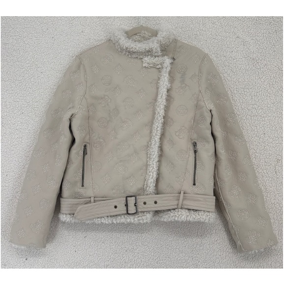 Guess Gretel Faux Leather Moto Biker Jacket Size L Cream Sherpa Lined Belted - Picture 1 of 12